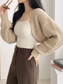 DAZY 女款素色落肩長袖休閒開襟衫 - 杏色 - 查看 5