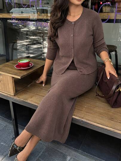 Vionelle Ensemble pull et jupe grande taille pour femme, style minimaliste, cardigan à manches longues avec épaules liées et col rond, jupe trapèze polyvalente, décontracté pour le travail, bordeaux, automne/hiver