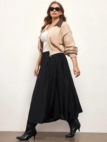 Maija Plus Size Fashion Versatile Solid Color Pleated Skirt - Black - View 2