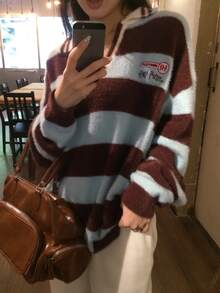 DAZY 女款韓式條紋拼色刺繡長袖針織衫 秋季 - 藍色 - 查看 4
