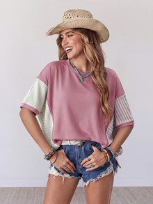 Wildy American Boho Tropical Casual Western Country Dusty Rose Women's Spring Summer Daily Basic Outfit Loose Top T-Shirt For Outing Vacation And Commuting - Mauve Purple - View 3