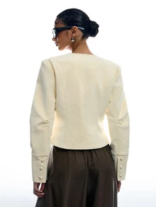 LYSMO Women's Solid Color V-Neck Tie Design Casual Daily Long Sleeve Jacket - Light Yellow - View 2