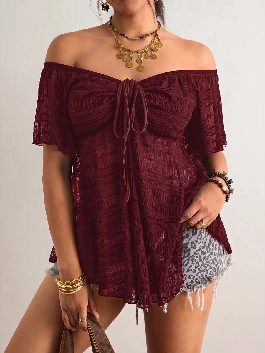 Freevana Plus Size Women's Vacation Ruched Tie Off Shoulder Top - Burgundy - View 1