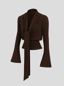 Sweetra Y2K Elegant Versatile Tie-Front Ruched Waist Top - Coffee Brown - View 1