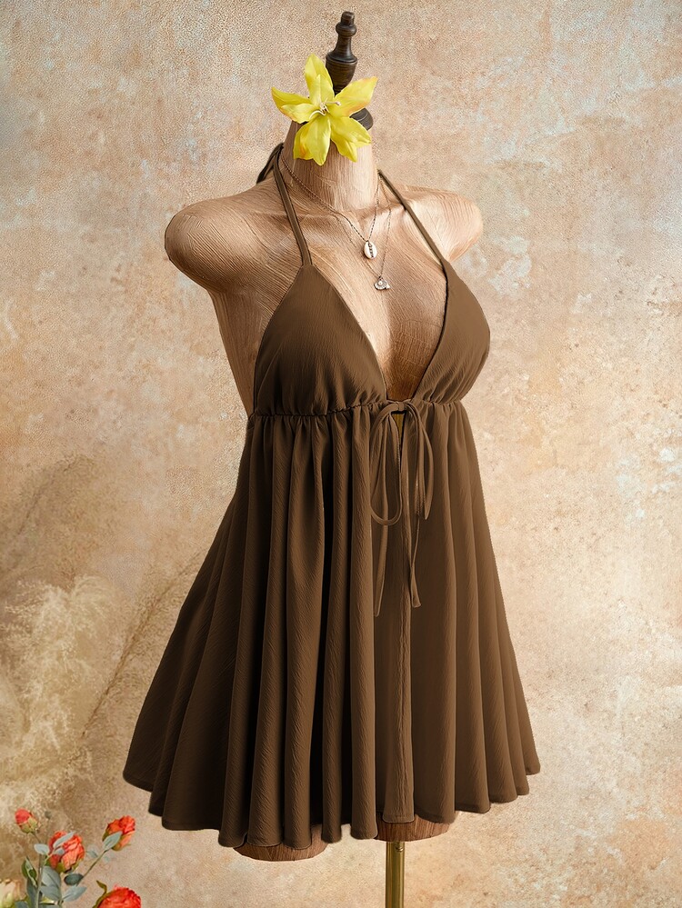 Mistrie Summer Beach Vacation New Style Spaghetti Strap Tank Top Textured Pale Yellow Puff Skirt Sexy Backless Umbrella Mini Short Dress For Women - Army Green - View 1