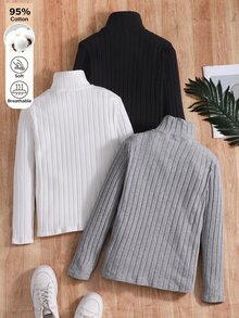 SHEIN 男童黑色、白色、灰色棉混紡高領長袖T恤多件組，觸感柔軟，適合外出、學校、運動及其他場合 - 彩色 - 查看 2