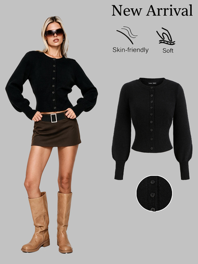 Sweetra Cardigan Rajut Pendek Lengan Kelopak Bunga Hitam Model Slim Fit Gaya Prancis