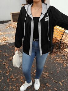 Comfylo Plus Drop Shoulder Drawstring Hoodie For Spring & Fall Travel Outfit Airport - Black - View 5