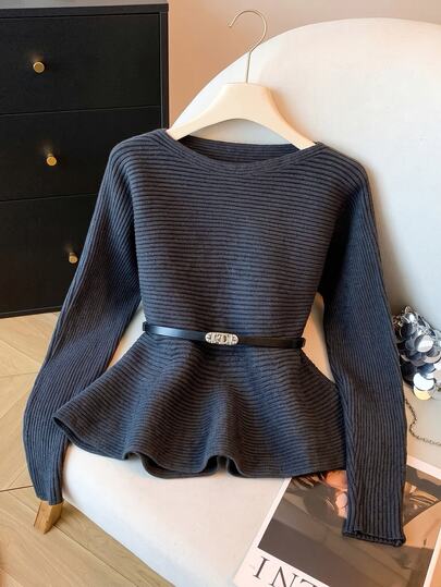 Muvela Camisola elegante de cor lisa com cintura marcada para mulher, outono/inverno