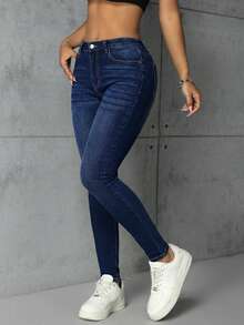SHEIN PETITE Women's Outdoor All-Season Blue Petite Skinny Jeans - Dark Wash - View 7