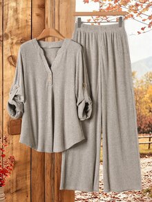 Rusticease Women's Autumn Casual Striped Shirt And Pants 2 Pieces Set - Khaki - View 4