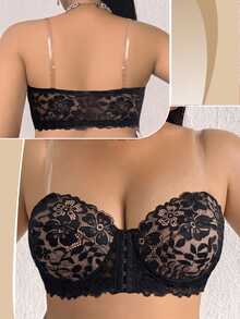 SHEIN 1 buah Bra Bandeau Berkawat dengan Penutup Renda di Bagian Depan, Ukuran Plus - Hitam - View 3