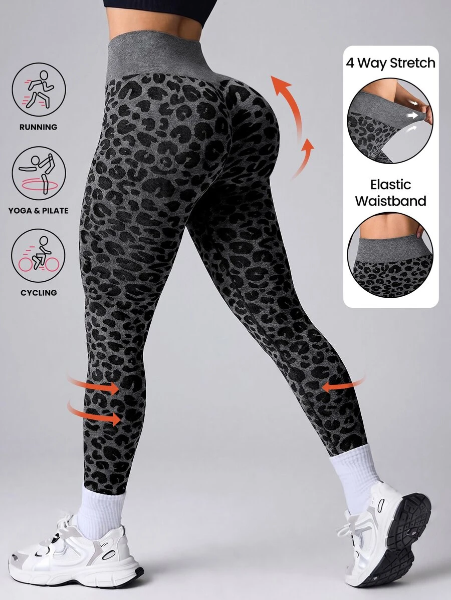 Slayform Leopard Print Mid-High Waist Casual Sports Seamless Leggings - Dark Grey - View 1