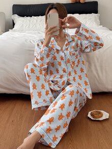 Napfluff طقم بيجامة نسائي مخطط برسمة رجل الزنجبيل مع ياقة وأكمام طويلة وبنطال - متعدد الألوان - مشاهدة 5
