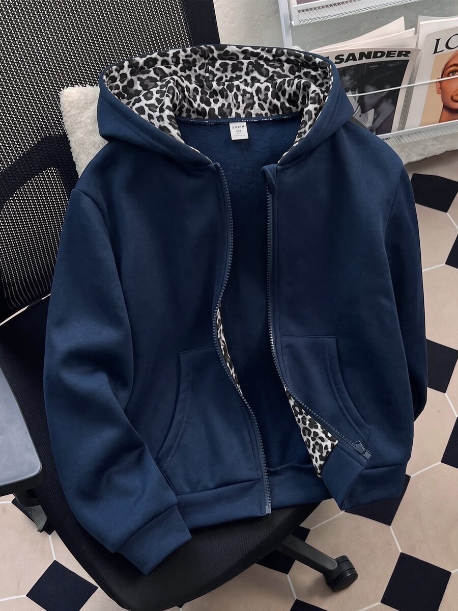 SHEIN 青少年女孩連帽外套 Y2K 風格 2000年代女孩連帽衫 返校季女孩外套 - 藏蓝色 - 查看 1