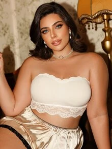 Divavoom 1 pieza sujetador bandeau sin tirantes de encaje con patchwork talla grande - Blanco - Ver 1