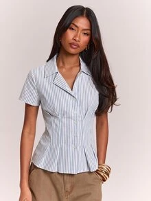 SHEIN BAE 女款條紋百褶休閒百搭日常通勤襯衫 - 藏蓝色 - 查看 5