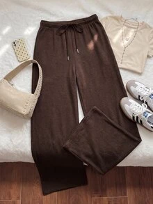 Comfortcana Autumn/Winter Black & White Striped Casual Versatile Drawstring Plus Size Pants - Brown - View 3