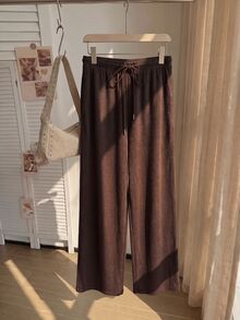 Comfortcana Autumn/Winter Black & White Striped Casual Versatile Drawstring Plus Size Pants - Brown - View 4