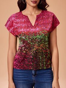Shutterstock Glamance Women's Gradient Shiny Colorful Sequin Print V-Neck Short Sleeve Blouse, Elegant Mature Casual Sexy For Outings, Work, Office, Daily, Gatherings, Parties, Birthday, Vacation, Middle East Travel, Beach, Swimwear, Bohemian, Halloween, Back To School, Independence Day, Summer - Multicolor - View 3