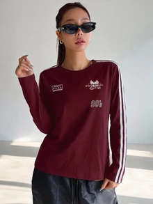 DAZY Women's Colorblock Digital Print Casual Everyday Long Sleeve T-Shirt Fall - Burgundy - View 5