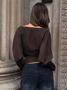 Aloruh Dark Brown Autumn Winter Minimalist Sexy Inner Outer Wear Young Spicy Girl Deep V-Neck Batwing Sleeve Cropped Sweater Loose Top Brunch Going Out - Brown - View 2