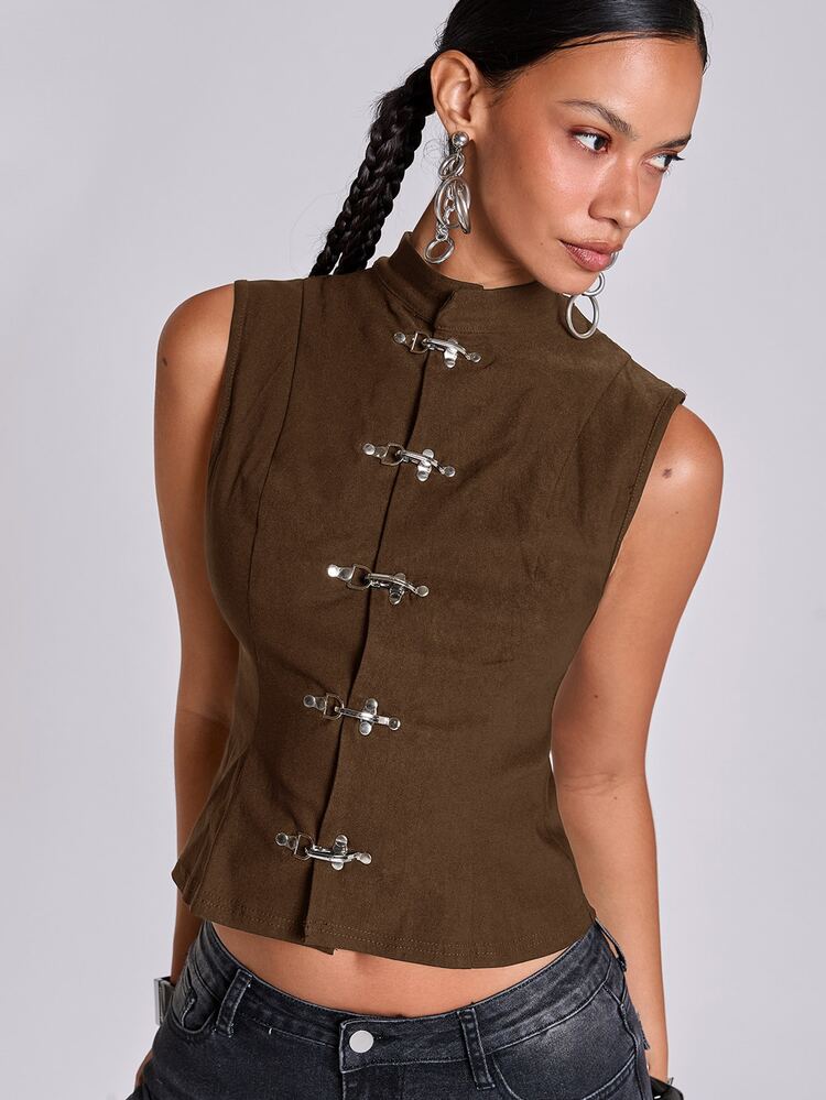 ROMWE Summer Vacation Y2K Hot Girl Metallic Airplane Buckle Fitted Stand Collar Open Front Tank Top - Brown - View 3