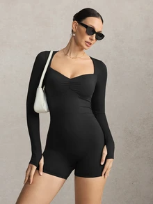 Activina Women Summer Spring Long Sleeve Slim Fit Sports Jumpsuit With Sweetheart Neckline And Ruched Detail For Active Wear Made Of Breathable Fabric - Black - View 2