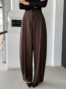 Pariaura Women's Solid Color Wide Waist Zipper Loose Curved Leg Wide Leg Trousers - Coffee Brown - View 1