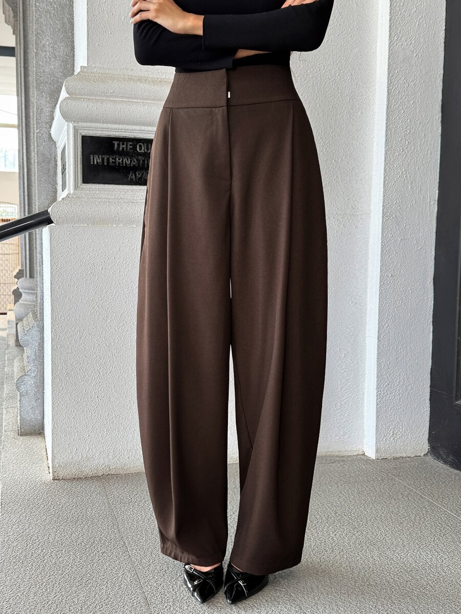 Pariaura Women's Solid Color Wide Waist Zipper Loose Curved Leg Wide Leg Trousers - Coffee Brown - View 1