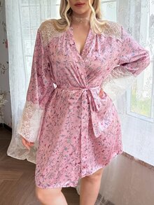 CottageSlumber Plus Size Lace Trim Patchwork Ditsy Floral Faux Silk Nightgown - Pink - View 3