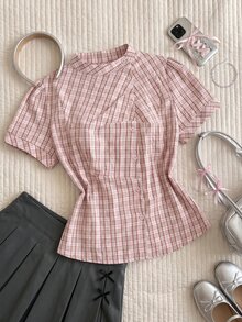 Comfortcana Plus Size Summer Casual Plaid Petal Sleeve Shirt - Dusty Pink - View 2