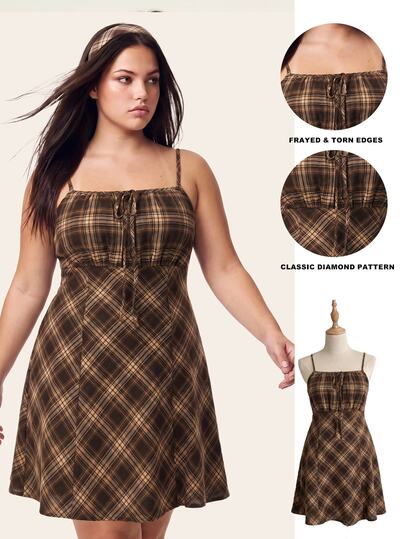 CovetEZ Vestido de tirantes finos a cuadros casual de uso diario para verano para mujer talla grande