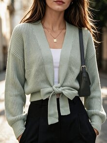 Balvessa Vertical Ribbed Texture Deep V Open Front Dropped Shoulder Ribbed Cuff Long Sleeve Side Slit Front Tie Knot Cropped Casual Women's Cardigan - Green - View 4