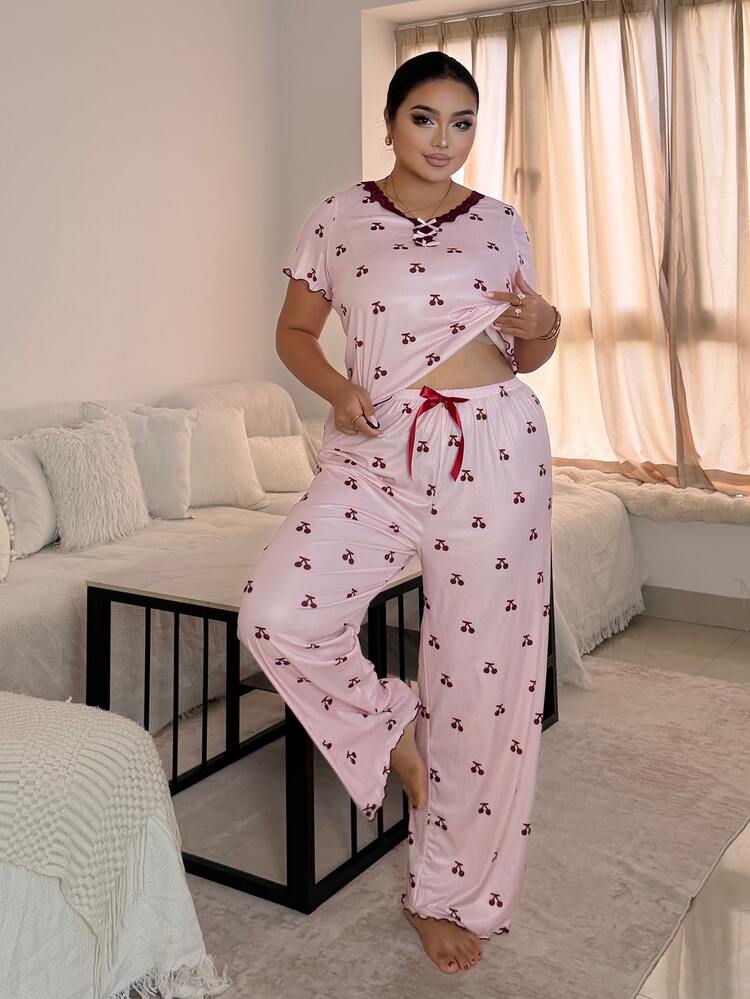 Dream Adore Cherry Print Lace Trim Short Sleeve Pants Pajama Set Plus Size - Pink - View 5