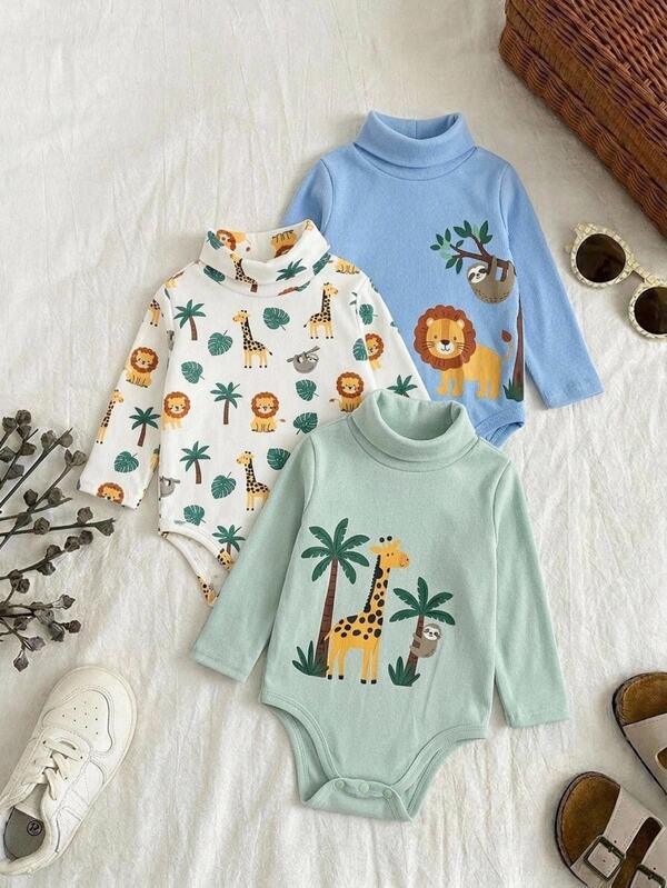 Baby Boy Plant & Floral Pattern Knitted Soft Round Neck Long Sleeve Bodysuit 3 Pieces Set, Versatile & Comfortable