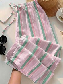SHEIN EZwear 女款休閒綁帶腰直筒長褲，適合夏季 - 彩色 - 查看 1