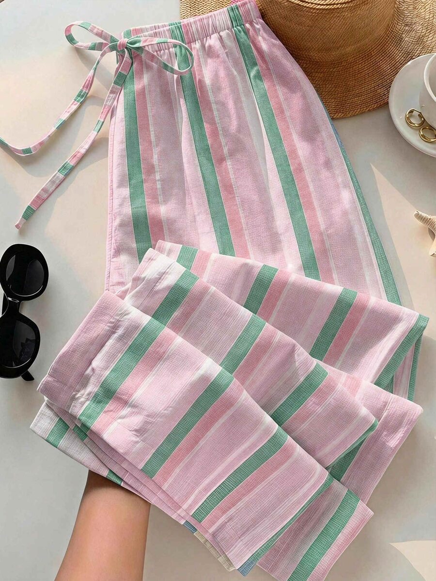 SHEIN EZwear 女款休閒綁帶腰直筒長褲,適合夏季 - 彩色 - 查看 1