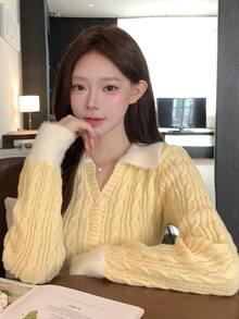 DAZY Women's Contrast Color Lapel Long Sleeve Button Half-Placket Casual Sweater Fall - Yellow - View 6