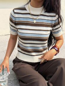 Siren Gaze Casual Minimalist Style Colorful Striped Women's Knit Top, Suitable For Autumn/Winter, Versatile - Multicolor - View 3