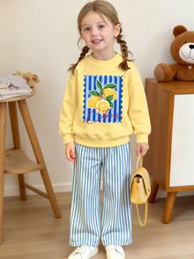 (1 Set) Autumn/Winter Girls Casual Fresh Lemon Blue Gradient Vertical Striped Letter Print Crew Neck Sweatshirt & Wide Leg Pants Set - Multicolor - View 3