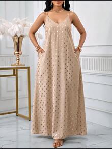 SHEIN Lady 女款波點休閒派對細肩帶長洋裝 - 卡其色 - 查看 6