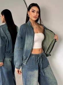 Flexra American Vintage Nano Yellow Washed Denim Jacket Loose Fit Dropped Shoulder Stand Collar Zipper Cuffed Casual Baseball Jacket Autumn/Winter - Light Wash - View 8