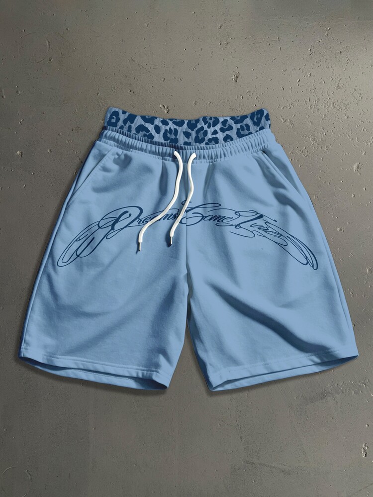 Manfinity Roghcode Shorts de cintura de doble capa con estampado de leopardo y patchwork para hombre - Azul - Añade 1