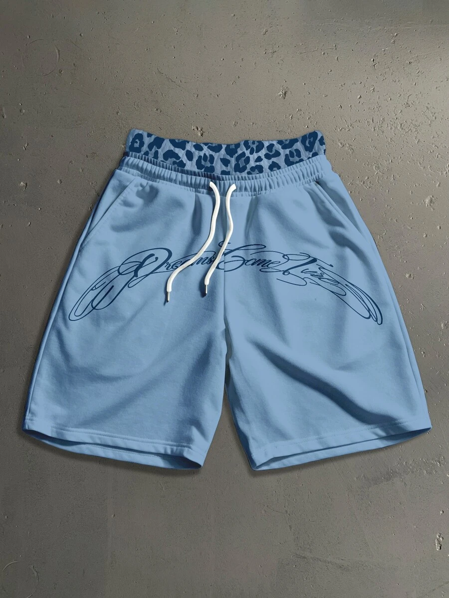 Manfinity Roghcode Shorts de cintura de doble capa con estampado de leopardo y patchwork para hombre - Azul - Ver 1