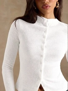 SHEIN BAE 女款休閒純色前開扣T恤 - 白色 - 查看 7