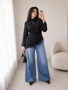 Solavon Plus Size Solid Color Lace Patchwork Asymmetric Hem Shirt - Black - View 6