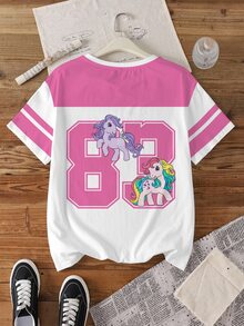 My Little Pony X SHEIN Kaos Lengan Pendek Kasual Sehari-hari Wanita Ukuran Besar dengan Motif Kartun Huruf - Putih - View 2
