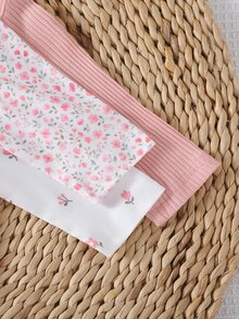 3 Pieces Newborn Footed Rompers, Cute Ribbed Plain Knit Mid-Stretch Comfortable Soft Floral Print Pattern, Best Gift For Newborns - Multicolor - View 6