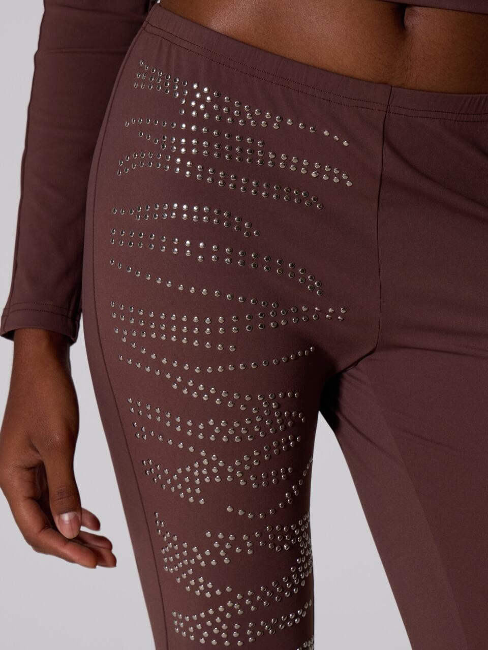 Brown Slinky Studded Flared Pants